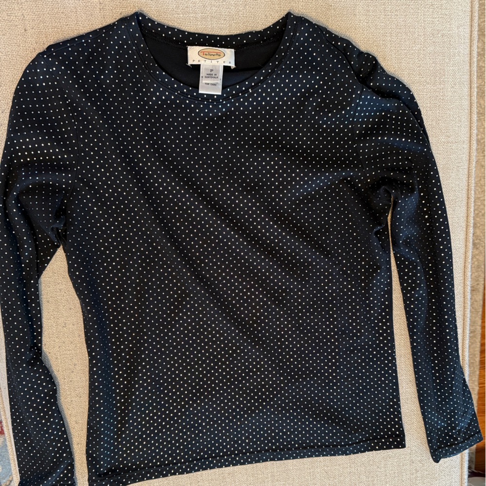 Talbots Shirt/Top Navy W/Metallic silver dots Long Sleeve Gently Used cotton
